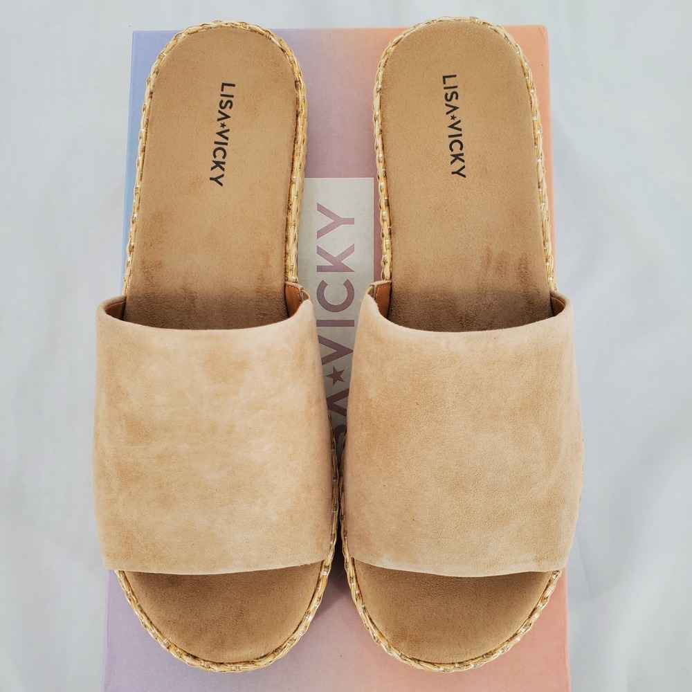 Lisa Vicky Tan Suede Platform Slide Sandals Woven Raffia Midsole Womens 8 New - Picture 4 of 10